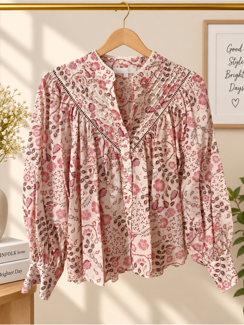 OLIVACEOUS Bohemian Pink Floral Pintuck Blouse